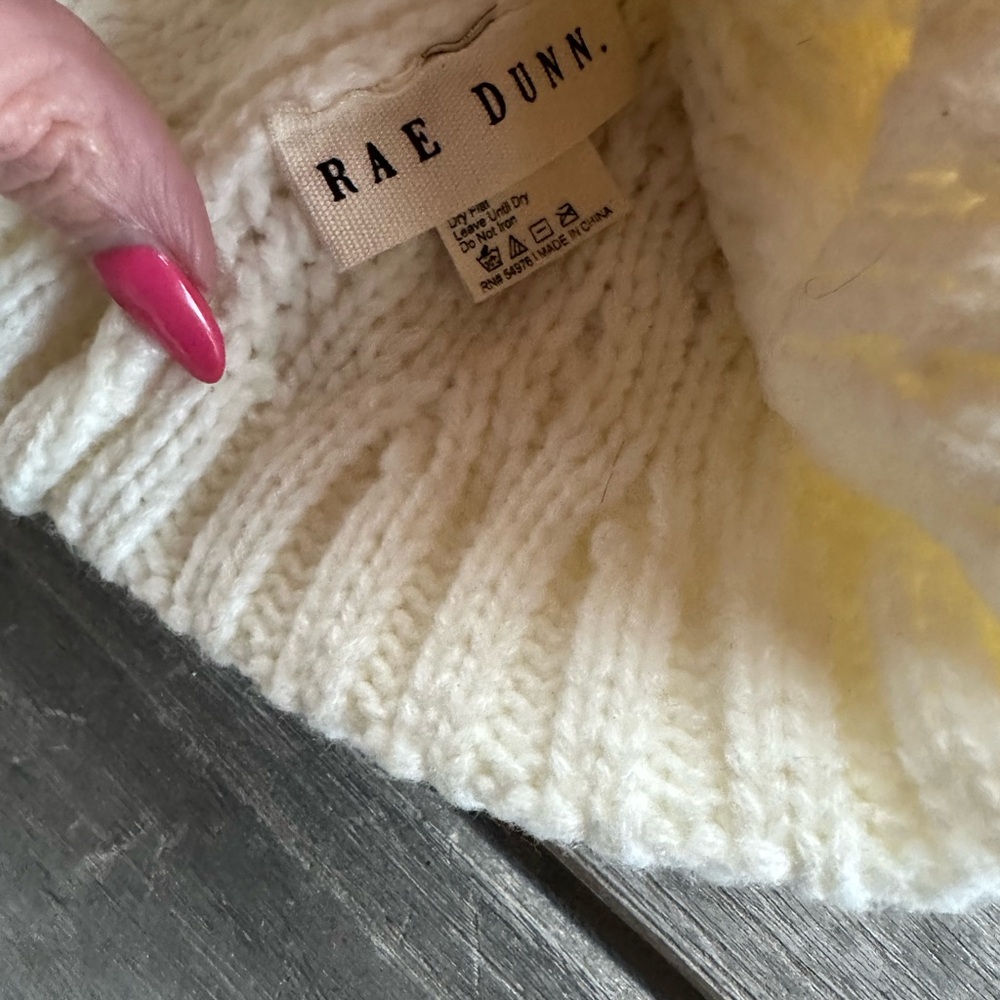 Rae Dunn Cream Knit Beanie with Tan Pom-Pom - Picture 3 of 3